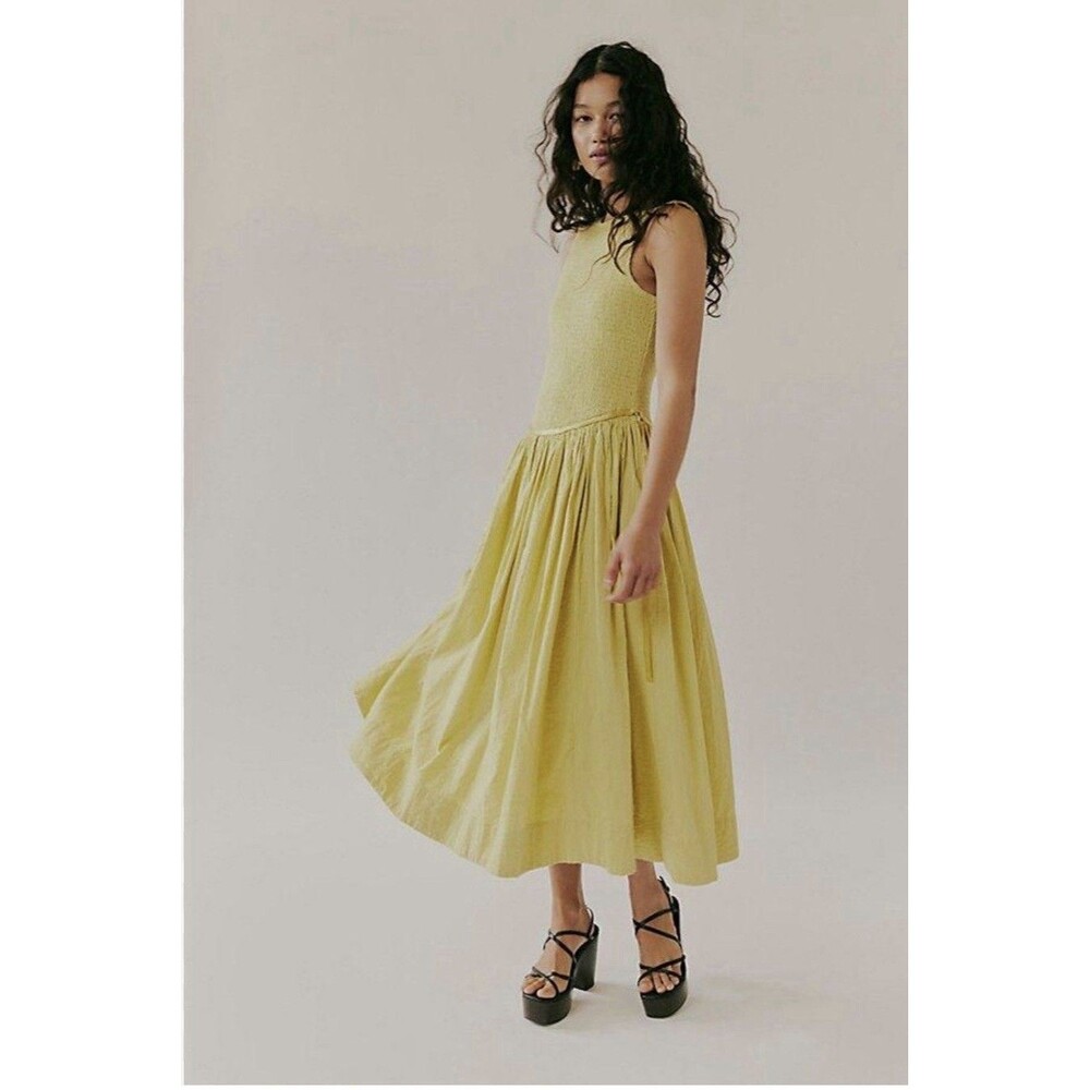 Free people Nightingale Seersucker Preppy Vacay Midi Dress Size SP Yellow New